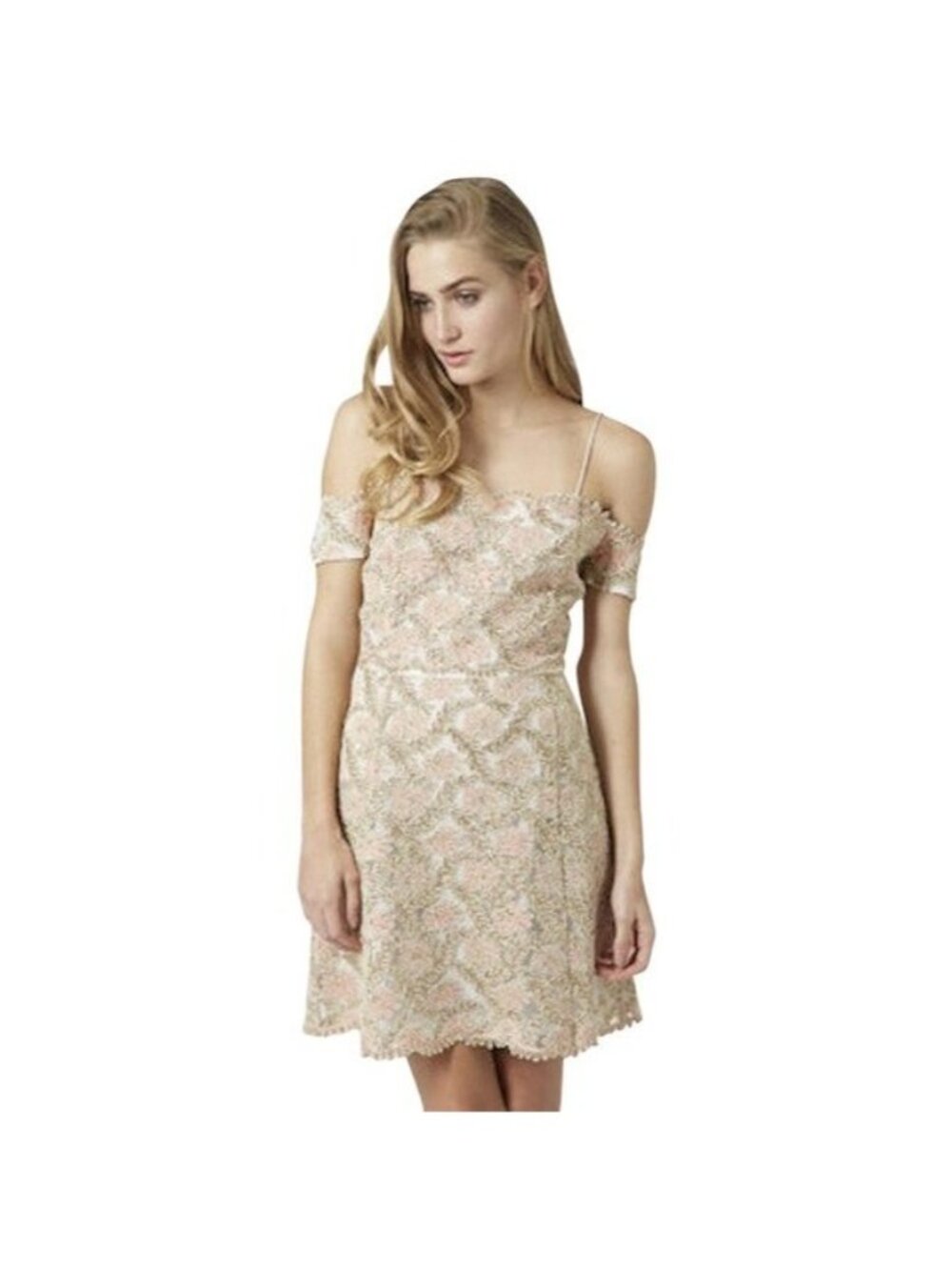 Topshop Limited Edition Shoulder Lace Pink/gold Mini 2 Womens Dress